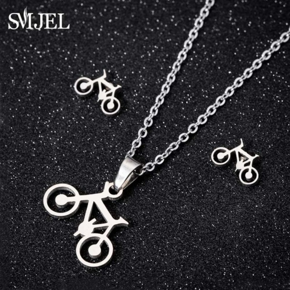 Silver Stainless Steel Bicycle Jewelry Set- Necklace & Earrings
